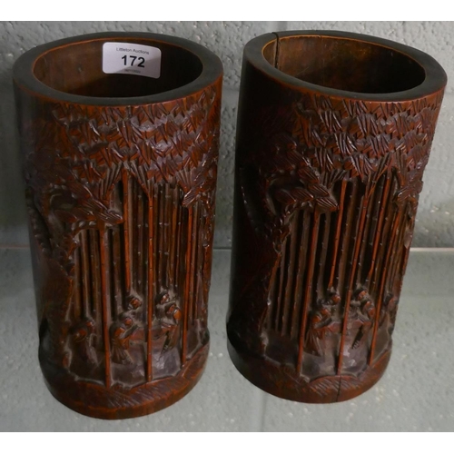 172 - Pair of carved bamboo brush pots - Approx height: 23cm