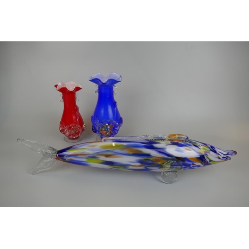 195 - Large Murano fish together with 2 Murano style vases