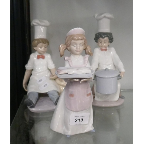 210 - 3 Lladro figures - 2 chefs and a waitress - 1 chef missing his knife