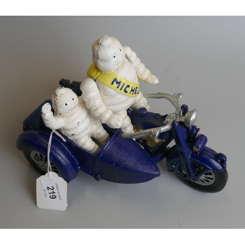 219 - Cast iron Michelin Man motorcycle & sidecar figure