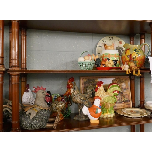 235 - Collection of chicken themed items to include clock, plates and biscuit barrels