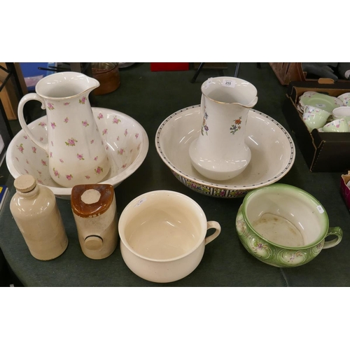 255 - Collection of ceramics to include bed pan, bed warmers, wash bowls and jugs