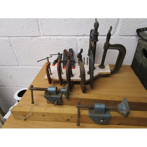 340 - 2 sash clamps and a collection of G clamps