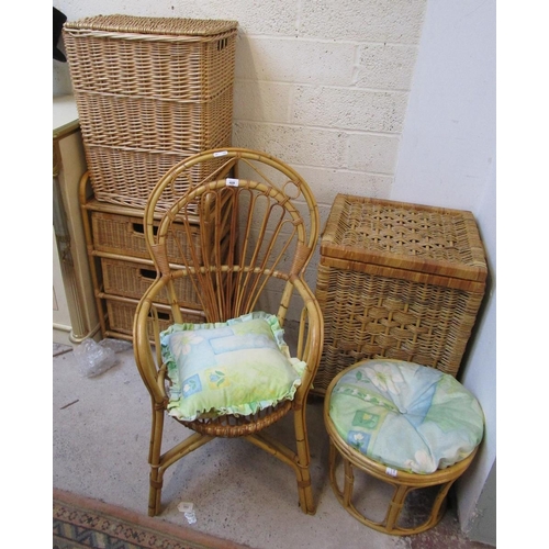 429 - Collection or wicker furniture to include laundry basket, chair etc