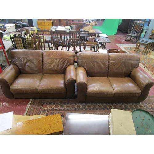 445 - Pair of comfy brown leather sofas