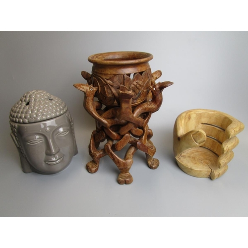 455 - Interesting wooden plant stand together with bottle holder and ceramic Buddha head