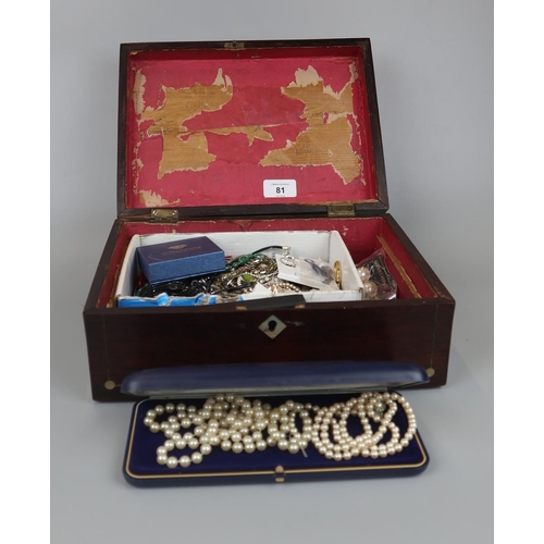 81 - Inlaid rosewood jewellery box with costume jewellery to include silver