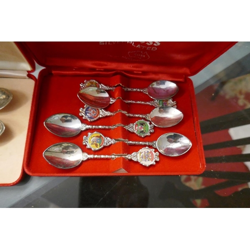 288 - 2 boxed sets Australian crested silver plate teaspoons, plus other spoons inc. some silver.