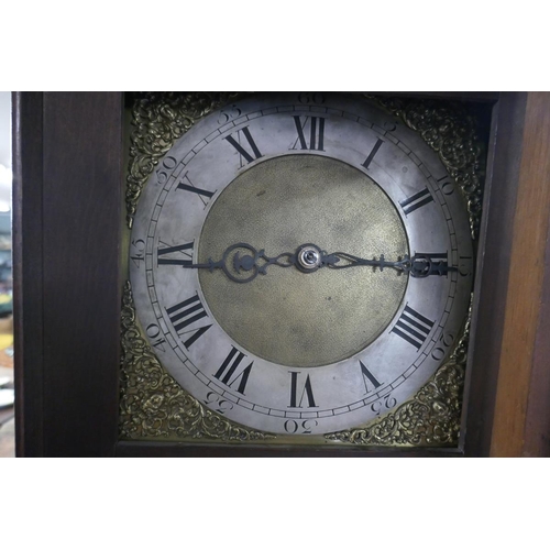 321 - Oak brass face long case clock - Worker but pendulum needs fixing