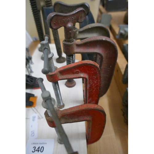 340 - 2 sash clamps and a collection of G clamps