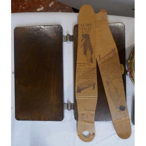 132 - Marquetry inlaid Victorian tie press together with collection of vintage buttons etc