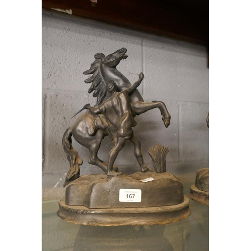 167 - Pair of statues - Man rearing horse - Approx height: 34cm