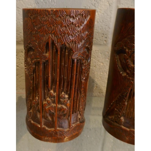 172 - Pair of carved bamboo brush pots - Approx height: 23cm