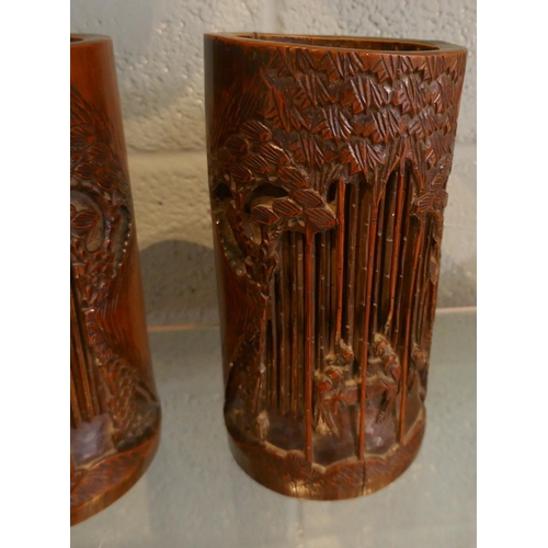 172 - Pair of carved bamboo brush pots - Approx height: 23cm