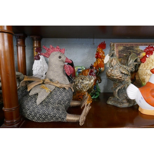 235 - Collection of chicken themed items to include clock, plates and biscuit barrels