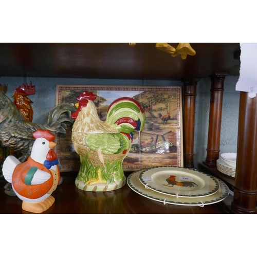 235 - Collection of chicken themed items to include clock, plates and biscuit barrels