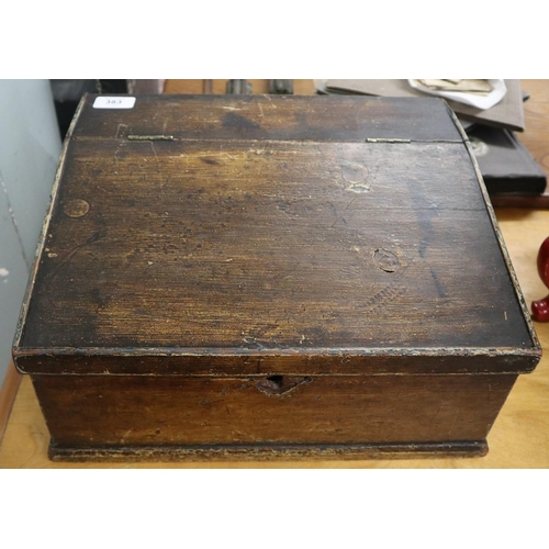 383 - Antique writing box with contents to include burr maple desk tidy etc
