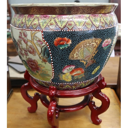 384 - Large Oriental fish bowl & stand - Approx height: 39cm