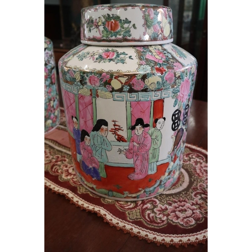 410 - Pair of Oriental lidded urns - Approx height: 37cm