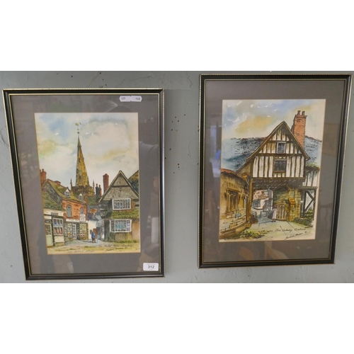 312 - 2 signed painted prints - The Market Place Evesham & The Gateway Evesham signed Barbara Bowen