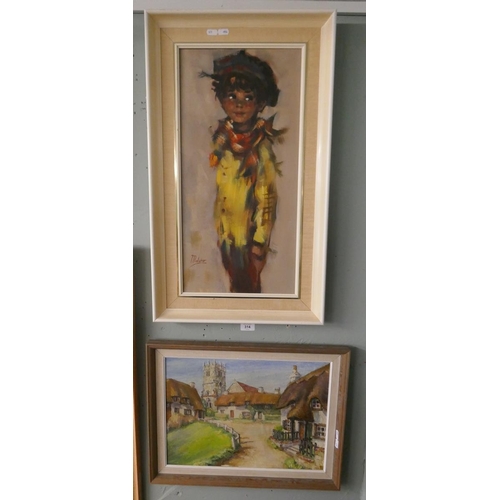 314 - Signed oil on board - Isle of Wight town scene together with a signed oil on canvas of a girl