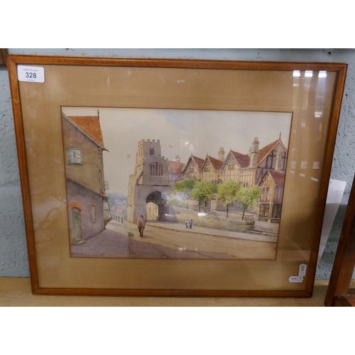 328 - Watercolour of West Gate Leicester hospital Warwick signed Will Outhwaite ABWS - River scenes - Appr... 