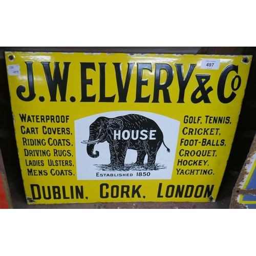 497 - Enamel sign - J.W Elvery & Co - Approx size: 50cm x 40cm