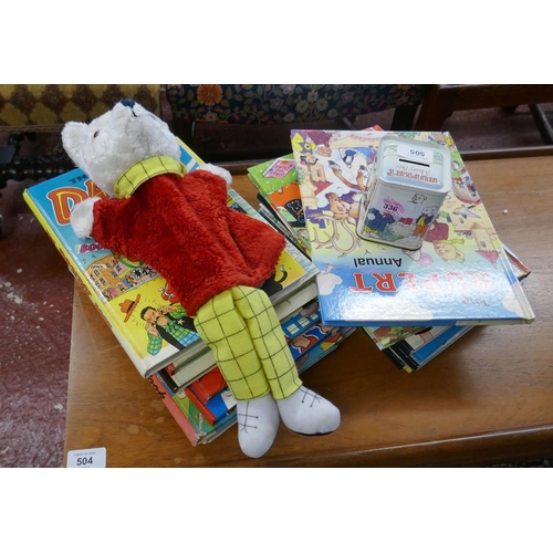 505 - Rupert Bear collectables to include albums, money box and hand puppet together with other albums Bea... 