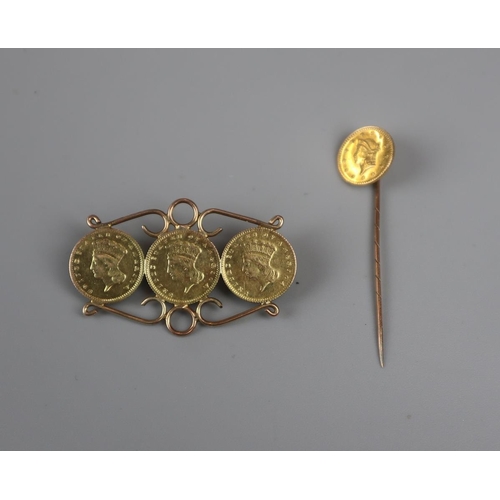 69 - Gold brooch set with 18ct gold dollars - together with a gold stick pin set with 18ct gold dollar da... 