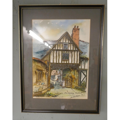 312 - 2 signed painted prints - The Market Place Evesham & The Gateway Evesham signed Barbara Bowen