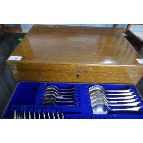 336 - Oak cased canteen of cutlery to include scrap silver