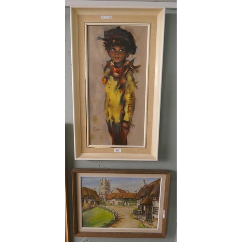 247 - Signed oil on board - Isle of Wight town scene together with a signed oil on canvas of a girl
