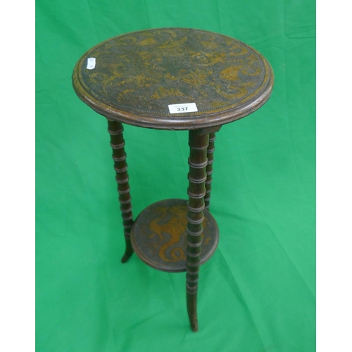 337 - Two tier occasional table with pokerwork dragons
