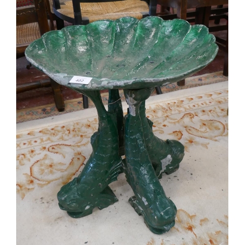 402 - Victorian lead bird bath on dolphin base - Approx height: 50cm