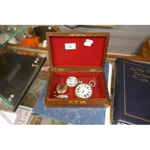 79 - Walnut jewellery box containing 2 pocket watches and gold plated watch case