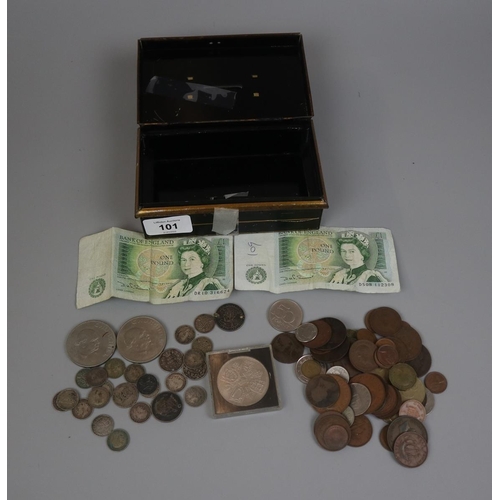 101 - Collection of coins and bank notes to include silver