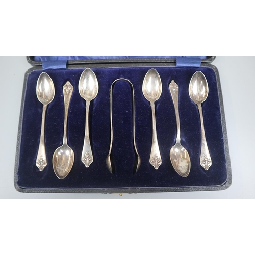 15 - Cased set of silver tea spoons and tongs 1918 Birmingham - Approx weight 102g