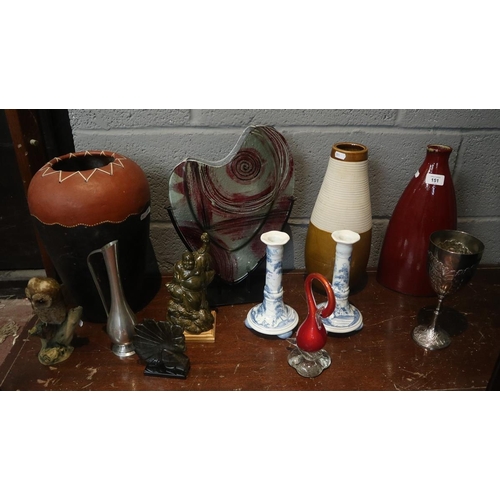 151 - Collectables to include Murano glass and a pair of Oxford England blue and white candlesticks