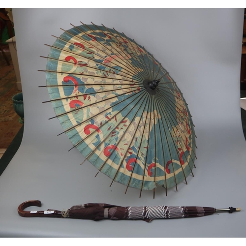 272 - Antique hand painted parasol together with cane handled umbrella