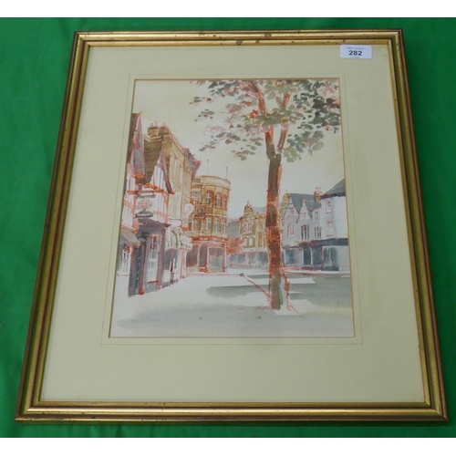 282 - Colour-wash Evesham High Street signed Moira Huntley '77 - Approx image size: 24cm x 33cm