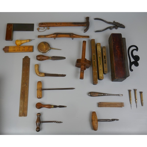 338 - Collection of antique tools to include brass levels