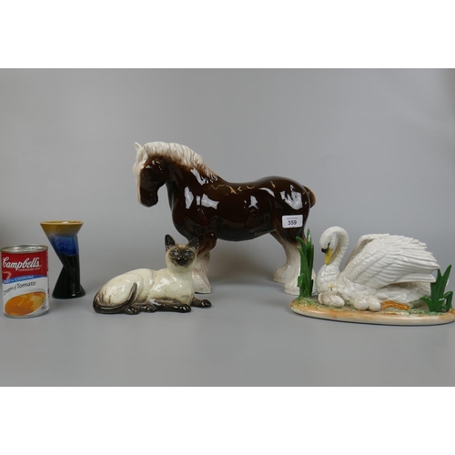 359 - Large ceramic horse together with Beswick cat and unusual posy vase