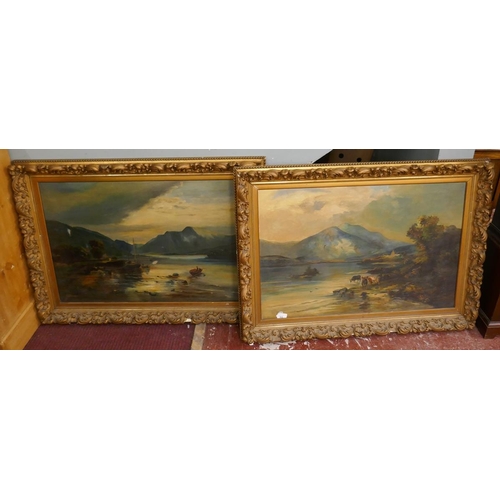 365 - Pair of large antique oils in gilt frames - Highland scenes - Approx image sizes both: 90cm x 60cm