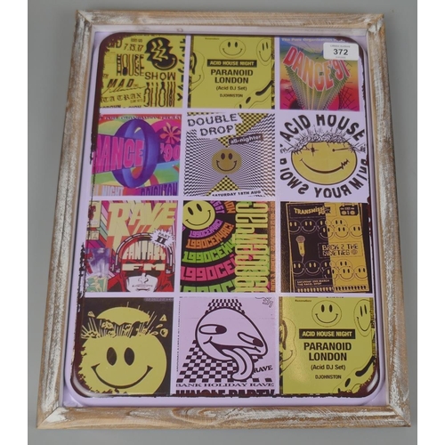 372 - Framed metal 90’s rave flyer collage