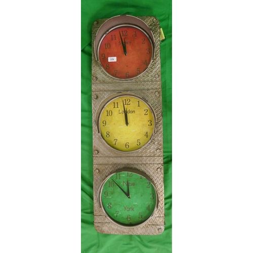 379 - Traffic light style triple wall clock - Approx height: 102cm