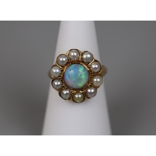 41 - Antique 18ct gold opal and pearl set cluster ring - Size K