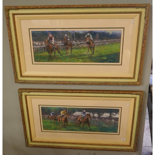 413 - Pair of Joel Kirk pastel painting - Race Horses - Approx image size of both: 78cm x 28cm