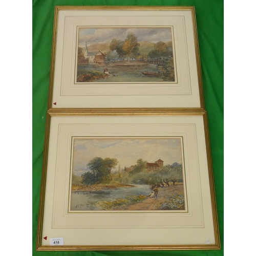 418 - 2 watercolours signed A.E. Penley - River scenes - Approx image sizes: 34cm x 23cm