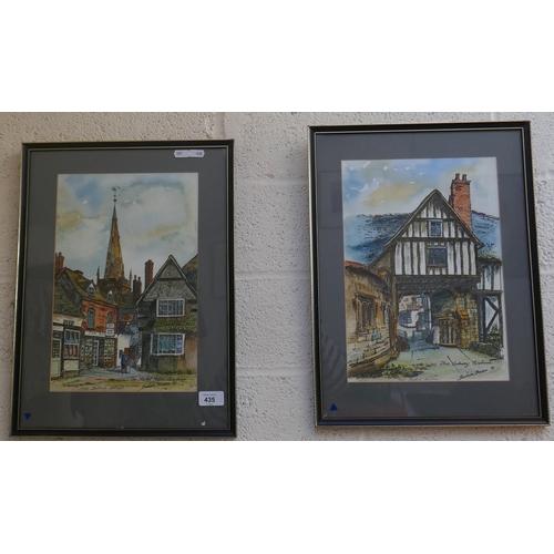 435 - 2 signed painted prints - The Market Place Evesham & The Gateway Evesham signed Barbara Bowen