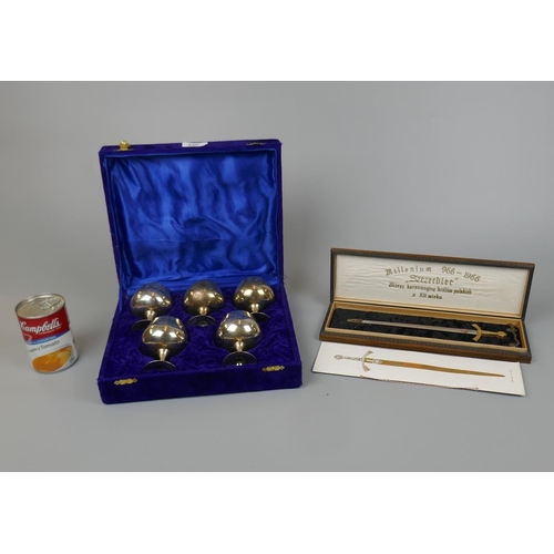 450 - Miniature copy of Polish sword and boxed set of goblets